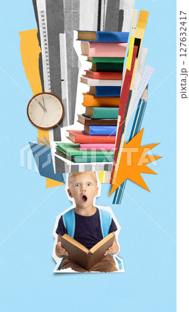 Boy surprised by stack of colorful books and school tools bursting into visual motion. Bold collage. Boy surprised by stack of colorful books and school tools bursting into visual motion. Bold collage. 127632417
