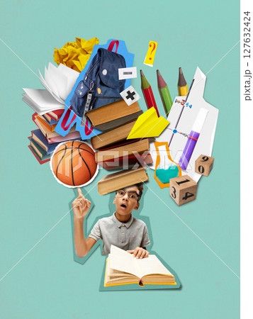 Playful modern collage. Learning explosion with books, sports, science and questions Playful modern collage. Learning explosion with books, sports, science and questions 127632424