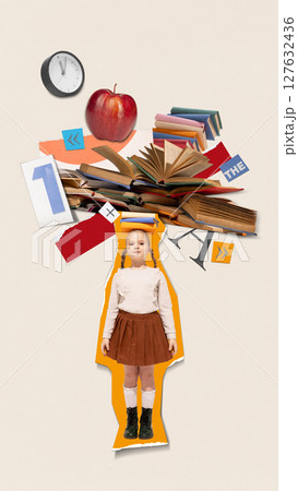 Bold visual mashup of girl standing under open books and school symbols Bold visual mashup of girl standing under open books and school symbols 127632436