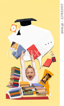 Colorful vertical poster of smiling girl lifts books with graduation cap and school items around 127632437