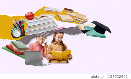 Conceptual collage about children learning with books, tech and graduation cap Conceptual collage about children learning with books, tech and graduation cap 127632441