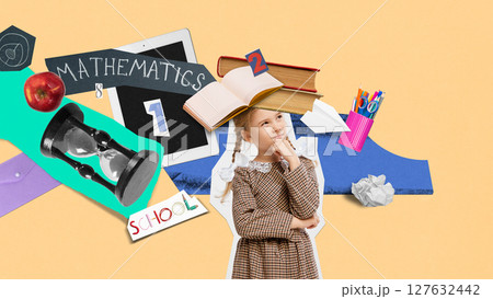 Curious schoolgirl thinking among books and math icons. Colorful cut-out collage Curious schoolgirl thinking among books and math icons. Colorful cut-out collage 127632442
