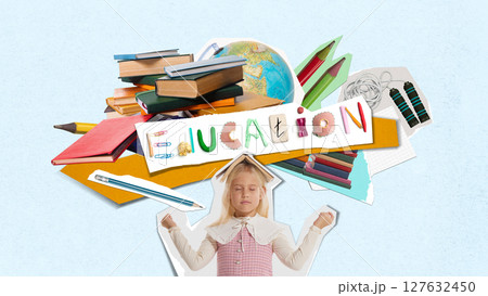 Meditating girl surrounded by school books and supplies. Education materials Meditating girl surrounded by school books and supplies. Education materials 127632450