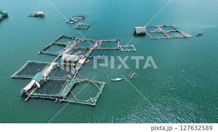 Fish farm with cages for fish and shrimp Fish farm with cages for fish and shrimp 127632589