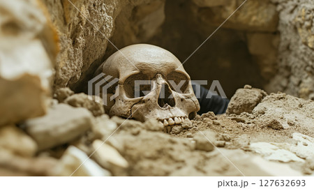 Human skull in a sandy excavation site. 127632693