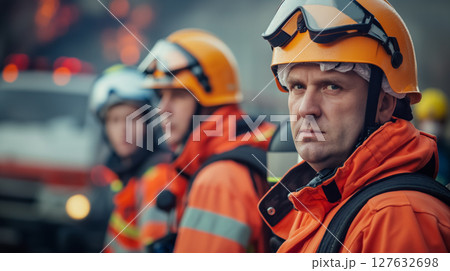 Firefighters in reflective gear. 127632698