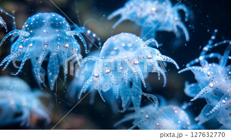 Close-up of glowing blue plankton. Close-up of glowing blue plankton. 127632770