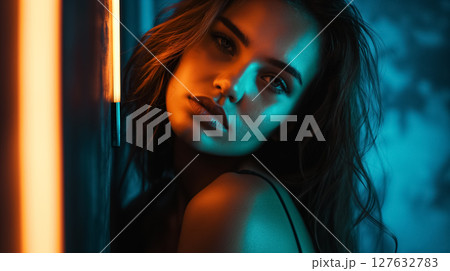 Woman's face illuminated by blue neon light. 127632783
