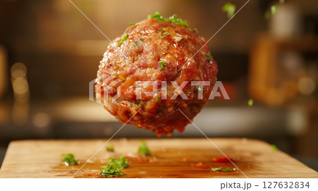 Succulent meatball suspended in mid-air. Succulent meatball suspended in mid-air. 127632834