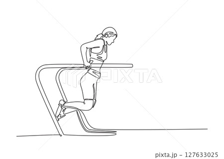 Continuous one line drawing professional female gymnast doing strength and balancing exercise on parallel bars in championship gymnastics artistic. Single line draw design vector graphic illustration 127633025