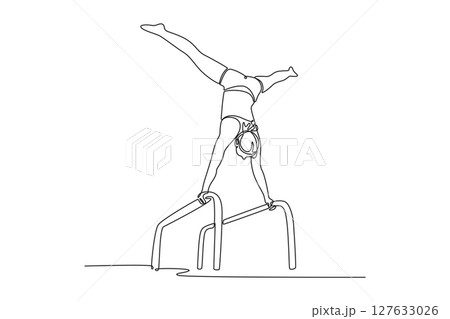 Single one line drawing female gymnast performing on parallel bars competition gymnastics. Young girl athlete doing complicated exciting trick. Continuous line draw design graphic vector illustration Single one line drawing female gymnast performing on parallel bars competition gymnastics. Young girl athlete doing complicated exciting trick. Continuous line draw design graphic vector illustration 127633026