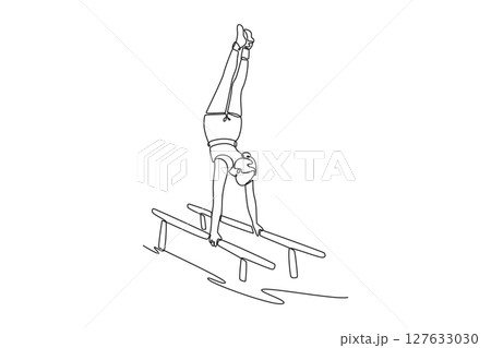 Continuous one line drawing woman athlete doing handstand on parallel bars in professional gym. Beauty sportswoman perform stunt in sports clothes. Single line draw design vector graphic illustration 127633030