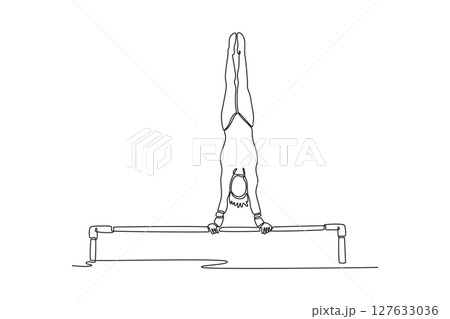 Single continuous line drawing young girl gymnast performing handstand on uneven bars in professional gym. Doing calisthenics core stability exercise. One line draw graphic design vector illustration 127633036