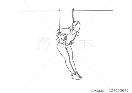 Single one line drawing beauty female athlete doing complicated exciting trick on gymnastic rings in professional gym. Movement, action, motion. Continuous line draw design graphic vector illustration 127633045