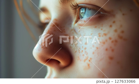 Child's freckled face close-up. 127633066