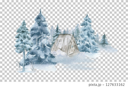 Watercolor sketch of ski chalet in snowy pine woods of foggy blue tones isolated on white. Winter woodland of spruce trees and hut hand drawn for seasonal packaging and Christmas designs. 127633162