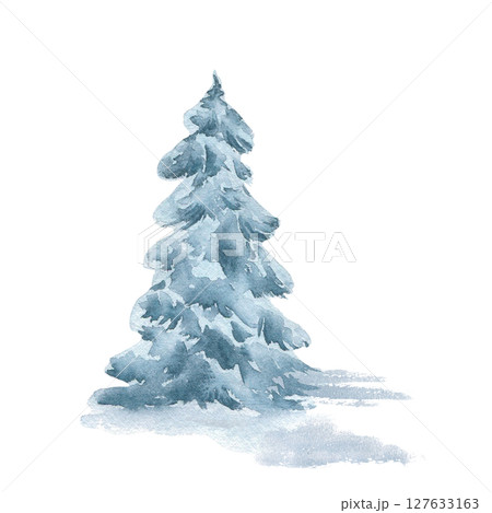 Winter pine hand drawn pale colors. Misty watercolor conifers snowy trees isolated on white. Spruce covered snow single object. Seasonal woodland scene illustration for prints, journals and design. Winter pine hand drawn pale colors. Misty watercolor conifers snowy trees isolated on white. Spruce covered snow single object. Seasonal woodland scene illustration for prints, journals and design. 127633163