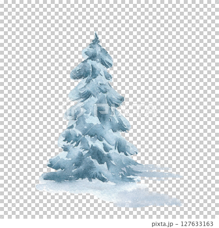 Winter pine hand drawn pale colors. Misty watercolor conifers snowy trees isolated on white. Spruce covered snow single object. Seasonal woodland scene illustration for prints, journals and design. Winter pine hand drawn pale colors. Misty watercolor conifers snowy trees isolated on white. Spruce covered snow single object. Seasonal woodland scene illustration for prints, journals and design. 127633163