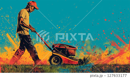 Man mowing lawn, vibrant art style. Man mowing lawn, vibrant art style. 127633177