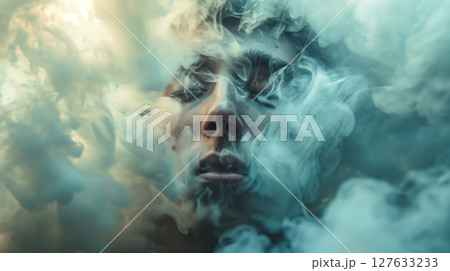Person face obscured by smoke. Person face obscured by smoke. 127633233