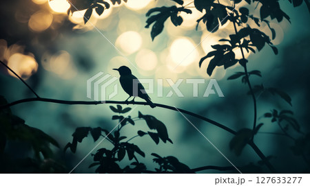 Bird silhouette against a bokeh light backdrop. 127633277