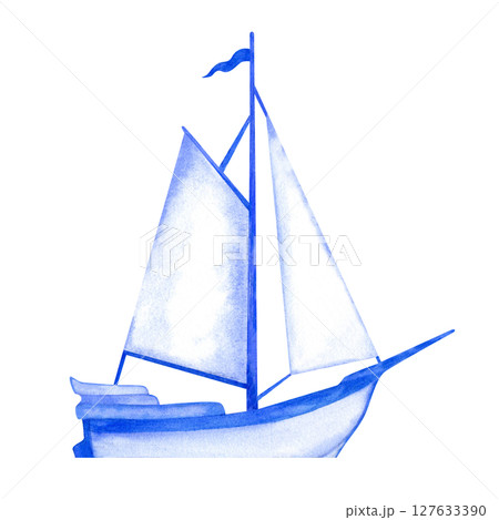 Sailboat in a blue-and-white Delftware style. Soft watercolor texture evoke classic Dutch ceramics for nautical-themed decor, tiles, coasters, souvenirs, or maritime branding. 127633390