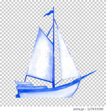 Sailboat in a blue-and-white Delftware style. Soft watercolor texture evoke classic Dutch ceramics for nautical-themed decor, tiles, coasters, souvenirs, or maritime branding. 127633390