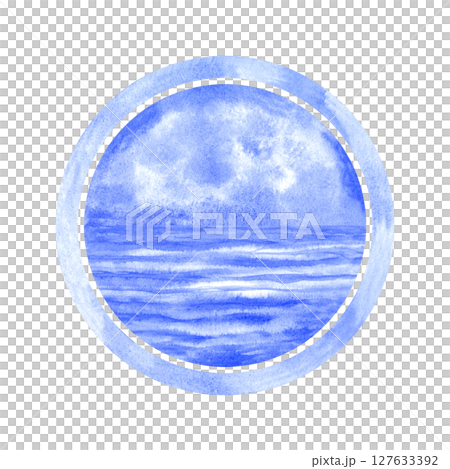 Seascape daytime in a round frame in a blue-and-white Delftware style, classic ceramic art. Perfect for sea decor, souvenirs, postcards, kitchen decor, branding with a nostalgic, romantic 127633392