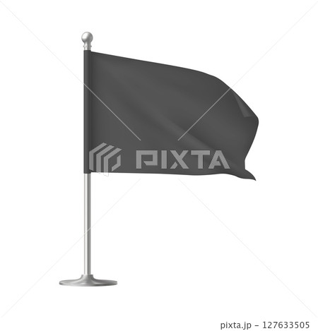 Black waving flag template, clean fabric horizontal canvas for promotion design, flag on flagpole vector 3d mockup 127633505