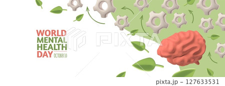 World mental health day, October 10, psychology care therapy, brain with leaves and cogwheel gear tools 3D vector design World mental health day, October 10, psychology care therapy, brain with leaves and cogwheel gear tools 3D vector design 127633531