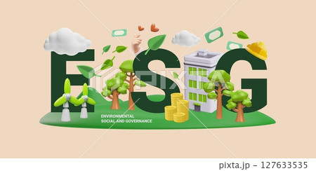 Environmental social and governance, ESG typographic 3D cartoon plastic style vector banner design, eco-friendly symbols Environmental social and governance, ESG typographic 3D cartoon plastic style vector banner design, eco-friendly symbols 127633535