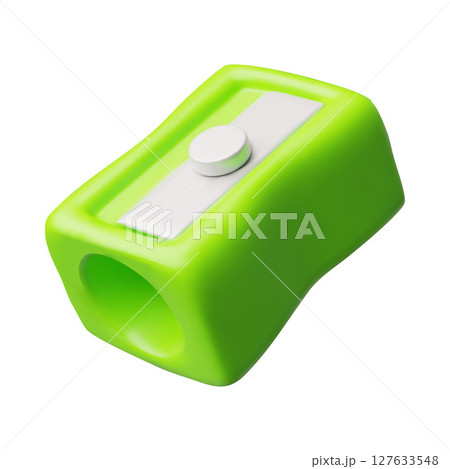 Sharpener 3D plastic cartoon style icon, realistic green pencil sharpen tool, stationery for artwork vector illustration 127633548