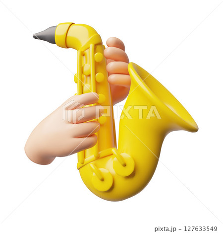 3D illustration of hands holding a saxophone, bright yellow. 127633549