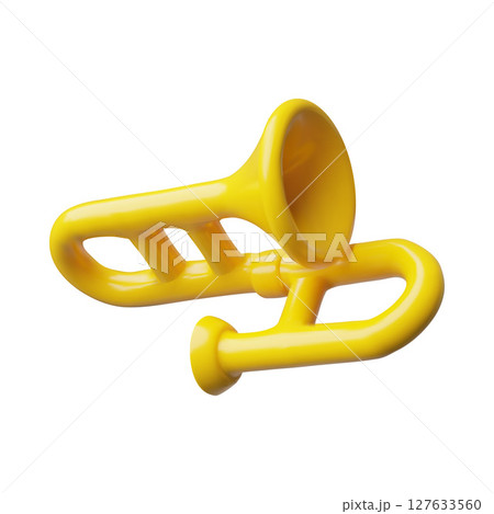 Musical trumpet 3D plastic style icon, realistic wind music instrument vector render illustration, golden trumpet horn 127633560