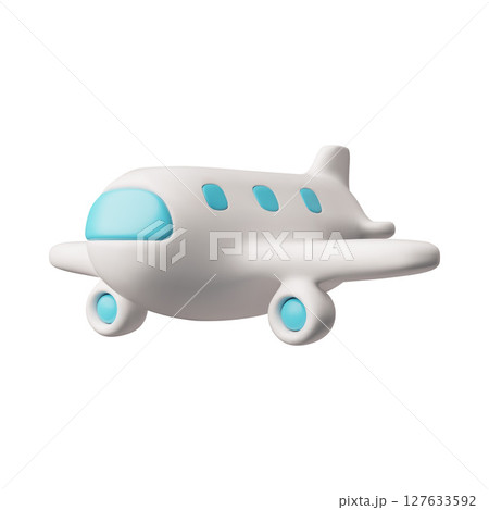 3D airplane with blue portholes, cartoon plastic style vector illustration, realistic white commercial jet air transport 3D airplane with blue portholes, cartoon plastic style vector illustration, realistic white commercial jet air transport 127633592