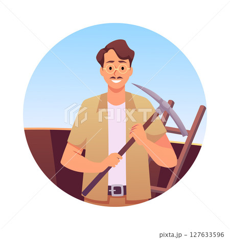 Archaeologist with pick axe at excavation site with ladder in background and blue sky. 127633596