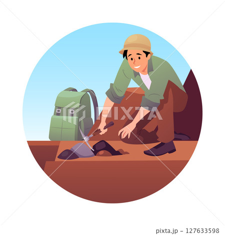 Round frame with archaeologist man digging with pickaxe into ground on rocks and sky background. 127633598