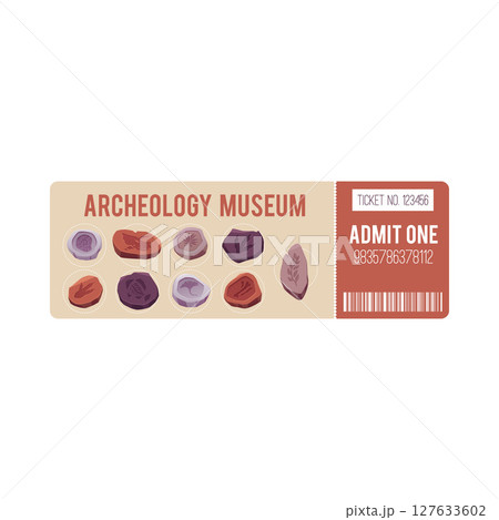 Museum ticket with fossils of plants, fish, bones and dinosaur footprints with barcode and number. Museum ticket with fossils of plants, fish, bones and dinosaur footprints with barcode and number. 127633602