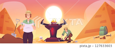 Banner with archaeologists exploring excavation site near burning altar, pyramids in sand, sunset. Banner with archaeologists exploring excavation site near burning altar, pyramids in sand, sunset. 127633603