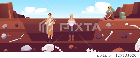 Vector banner of dinosaur bones archaeological excavation with characters. 127633620
