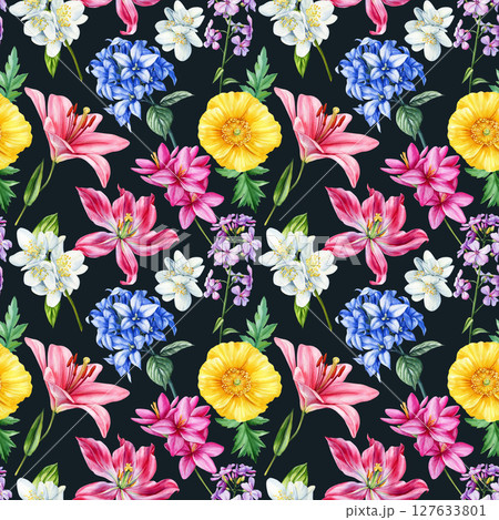 Watercolor wildflowers seamless pattern with lilies jasmine poppies and bluebell. Beautiful floral background for design, 127633801
