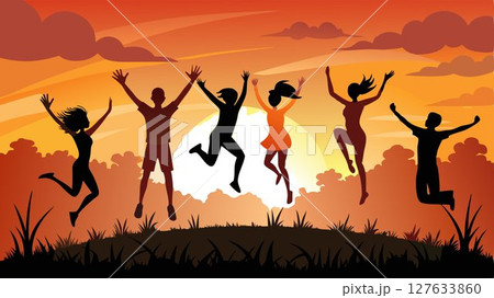 Silhouetted against the fiery hues of the setting sun, their playful energy is palpable. 127633860