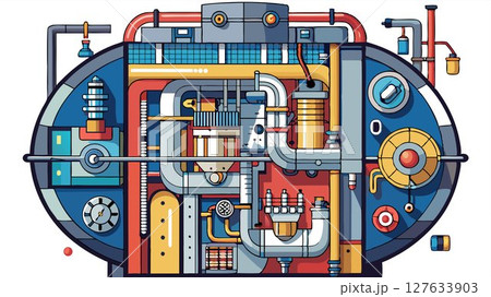 The close up shot emphasizes the intricate details of the boilers internal mechanisms. 127633903