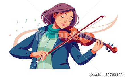 Her fingers move gracefully across the strings, producing a clear and resonant tone. 127633934
