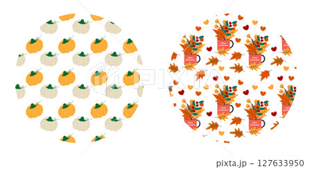 Pumpkins and Autumn leaves Composition in cup Seamless Pattern on Circle Backdrop Seasonal Fond Set 127633950