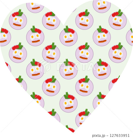 Food Emoticon Fried Eggs sausage Tomatoes slices and Salad leaves Pattern on Heart Shape Background 127633951