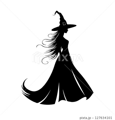 Silhouette of a graceful witch wearing a pointed hat and long gown, with flowing hair, in a minimal black style on a white background Silhouette of a graceful witch wearing a pointed hat and long gown, with flowing hair, in a minimal black style on a white background 127634101