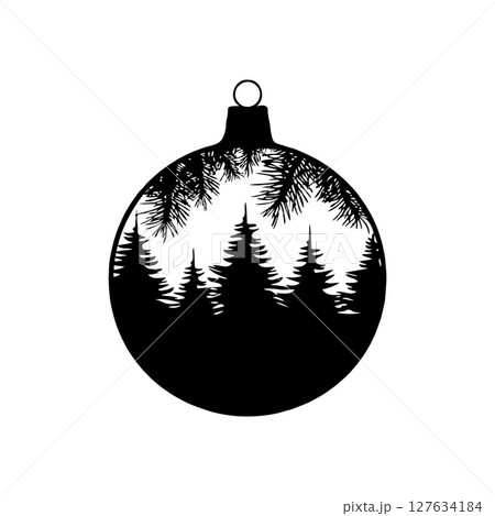 Silhouette of a Christmas ornament featuring pine trees and branches. Simple black and white style on a white background. Christmas decoration concept 127634184