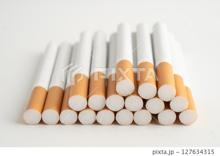 Cigarette, roll tobacco in paper with filter tube, No smoking. 127634315