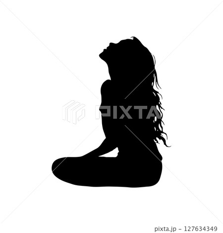 Silhouette of a woman in a seated yoga pose with head tilted back, on a white background. Represents relaxation, meditation, and mindfulness 127634349